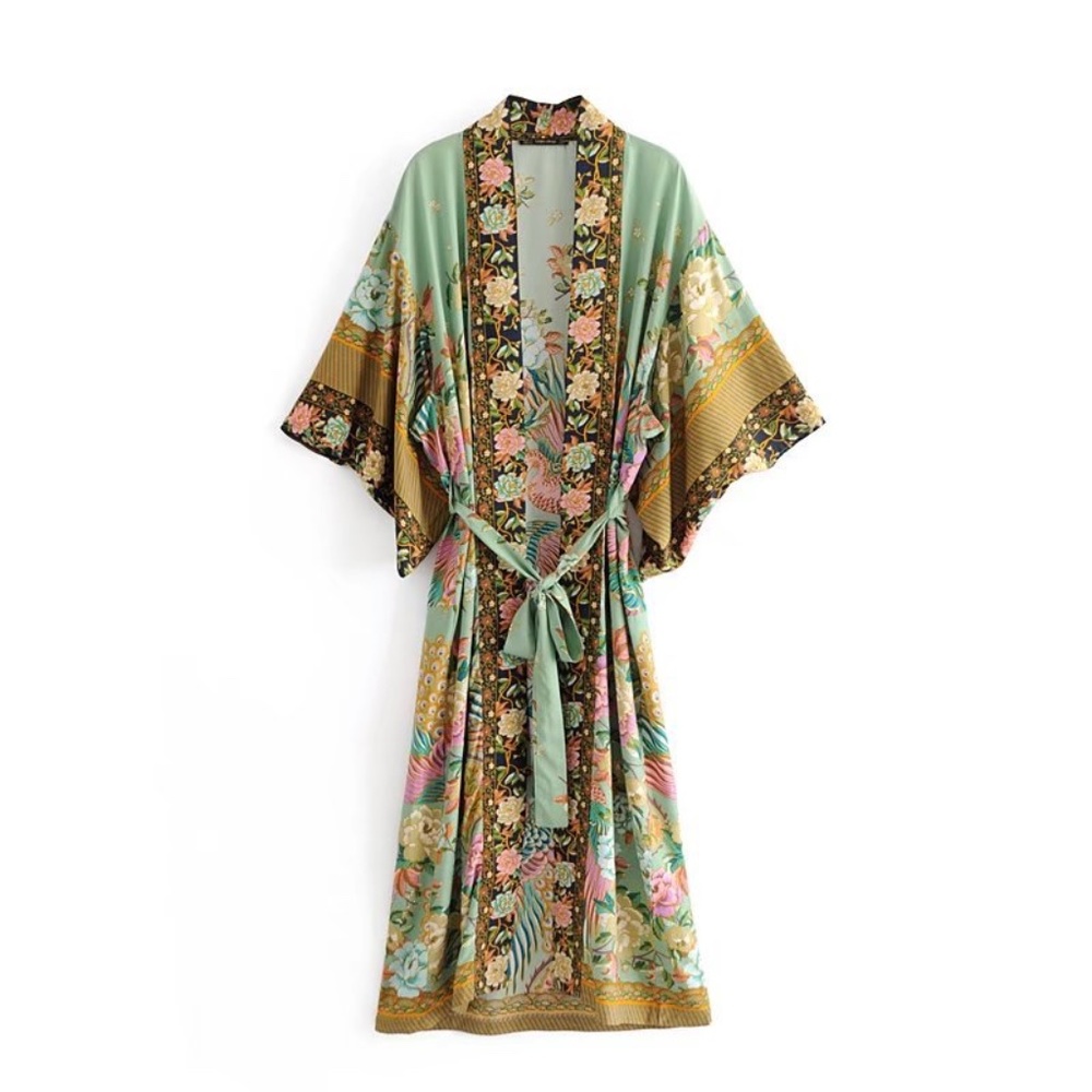 Bohemian Mint Green Floral Print Cut out Sleeve Belted Kimono Cover up - Picture 6 of 8